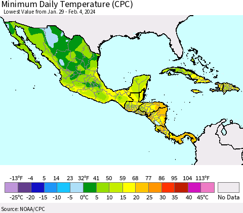Mexico Central America and the Caribbean Minimum Daily Temperature (CPC) Thematic Map For 1/29/2024 - 2/4/2024