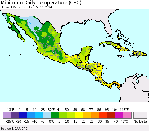 Mexico Central America and the Caribbean Minimum Daily Temperature (CPC) Thematic Map For 2/5/2024 - 2/11/2024