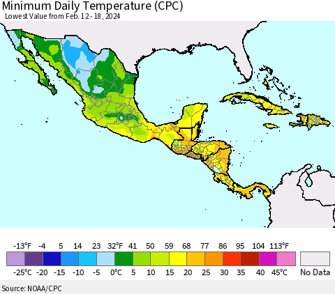 Mexico Central America and the Caribbean Minimum Daily Temperature (CPC) Thematic Map For 2/12/2024 - 2/18/2024