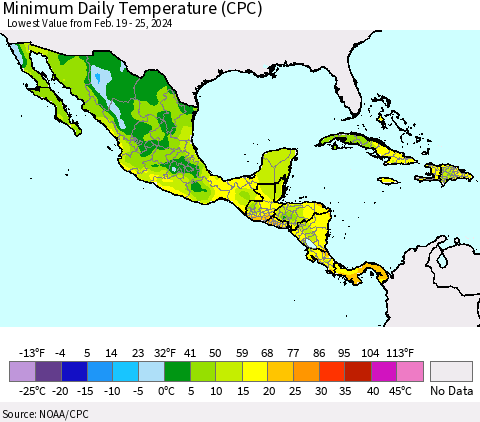 Mexico Central America and the Caribbean Minimum Daily Temperature (CPC) Thematic Map For 2/19/2024 - 2/25/2024