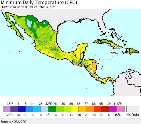 Mexico Central America and the Caribbean Minimum Daily Temperature (CPC) Thematic Map For 2/26/2024 - 3/3/2024