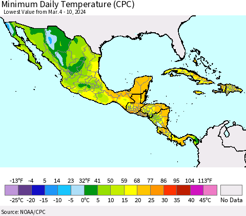 Mexico Central America and the Caribbean Minimum Daily Temperature (CPC) Thematic Map For 3/4/2024 - 3/10/2024