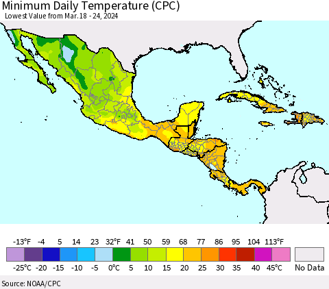 Mexico Central America and the Caribbean Minimum Daily Temperature (CPC) Thematic Map For 3/18/2024 - 3/24/2024