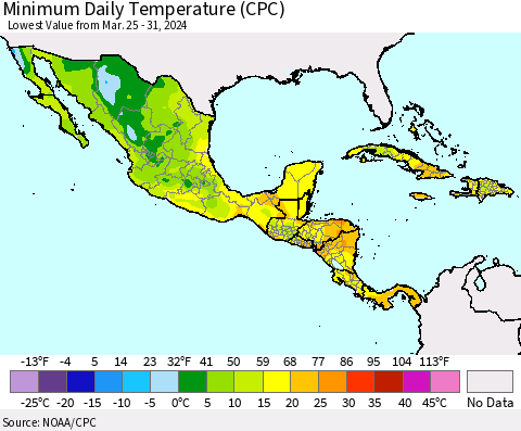 Mexico Central America and the Caribbean Minimum Daily Temperature (CPC) Thematic Map For 3/25/2024 - 3/31/2024