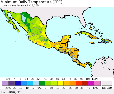 Mexico Central America and the Caribbean Minimum Daily Temperature (CPC) Thematic Map For 4/8/2024 - 4/14/2024