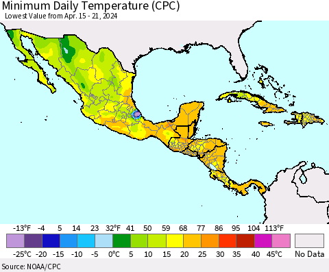Mexico Central America and the Caribbean Minimum Daily Temperature (CPC) Thematic Map For 4/15/2024 - 4/21/2024
