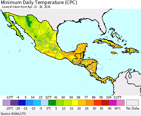Mexico Central America and the Caribbean Minimum Daily Temperature (CPC) Thematic Map For 4/22/2024 - 4/28/2024