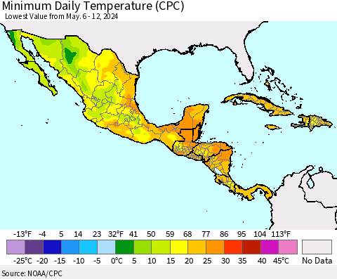 Mexico Central America and the Caribbean Minimum Daily Temperature (CPC) Thematic Map For 5/6/2024 - 5/12/2024