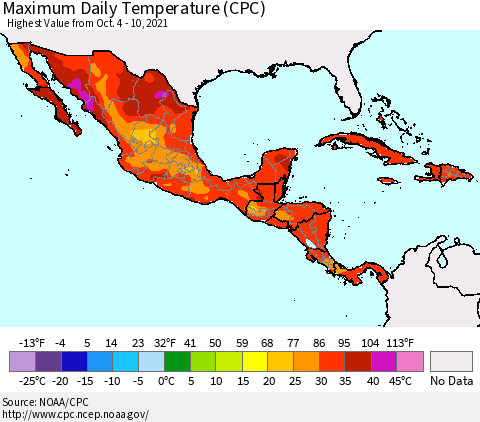 Mexico Central America and the Caribbean Maximum Daily Temperature (CPC) Thematic Map For 10/4/2021 - 10/10/2021