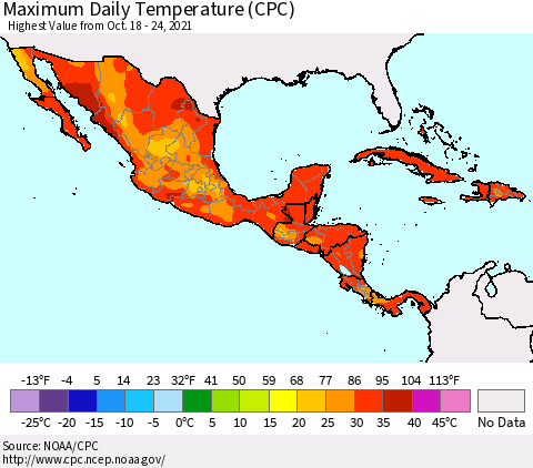 Mexico Central America and the Caribbean Maximum Daily Temperature (CPC) Thematic Map For 10/18/2021 - 10/24/2021