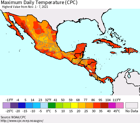 Mexico Central America and the Caribbean Maximum Daily Temperature (CPC) Thematic Map For 11/1/2021 - 11/7/2021