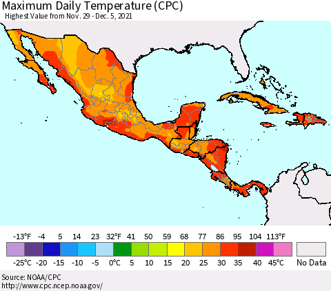 Mexico Central America and the Caribbean Maximum Daily Temperature (CPC) Thematic Map For 11/29/2021 - 12/5/2021