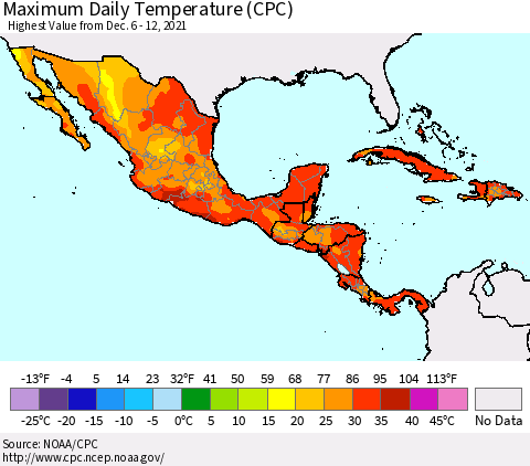 Mexico Central America and the Caribbean Maximum Daily Temperature (CPC) Thematic Map For 12/6/2021 - 12/12/2021