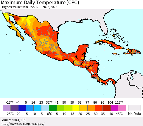 Mexico Central America and the Caribbean Maximum Daily Temperature (CPC) Thematic Map For 12/27/2021 - 1/2/2022