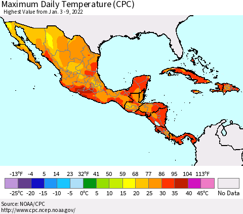 Mexico Central America and the Caribbean Maximum Daily Temperature (CPC) Thematic Map For 1/3/2022 - 1/9/2022