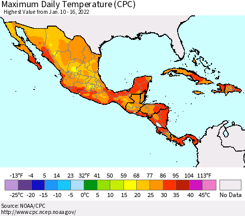 Mexico Central America and the Caribbean Maximum Daily Temperature (CPC) Thematic Map For 1/10/2022 - 1/16/2022
