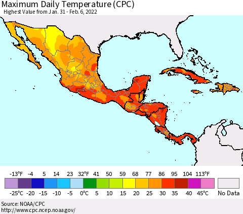 Mexico Central America and the Caribbean Maximum Daily Temperature (CPC) Thematic Map For 1/31/2022 - 2/6/2022