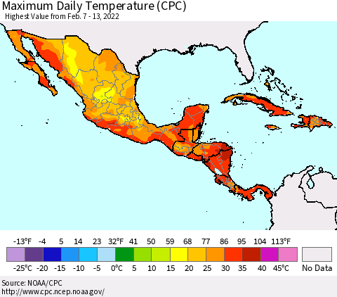 Mexico Central America and the Caribbean Maximum Daily Temperature (CPC) Thematic Map For 2/7/2022 - 2/13/2022