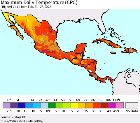 Mexico Central America and the Caribbean Maximum Daily Temperature (CPC) Thematic Map For 2/21/2022 - 2/27/2022