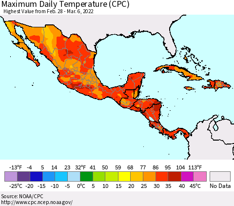 Mexico Central America and the Caribbean Maximum Daily Temperature (CPC) Thematic Map For 2/28/2022 - 3/6/2022
