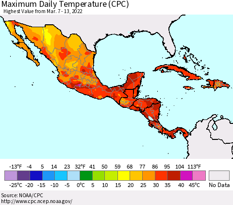 Mexico Central America and the Caribbean Maximum Daily Temperature (CPC) Thematic Map For 3/7/2022 - 3/13/2022