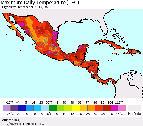 Mexico Central America and the Caribbean Maximum Daily Temperature (CPC) Thematic Map For 4/4/2022 - 4/10/2022