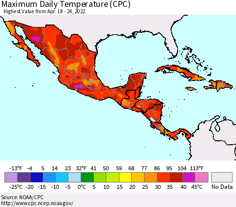 Mexico Central America and the Caribbean Maximum Daily Temperature (CPC) Thematic Map For 4/18/2022 - 4/24/2022