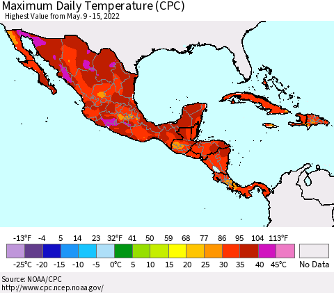 Mexico Central America and the Caribbean Maximum Daily Temperature (CPC) Thematic Map For 5/9/2022 - 5/15/2022