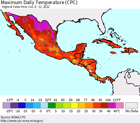 Mexico Central America and the Caribbean Maximum Daily Temperature (CPC) Thematic Map For 6/6/2022 - 6/12/2022