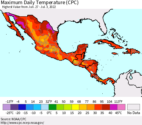 Mexico Central America and the Caribbean Maximum Daily Temperature (CPC) Thematic Map For 6/27/2022 - 7/3/2022