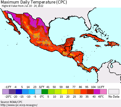 Mexico Central America and the Caribbean Maximum Daily Temperature (CPC) Thematic Map For 7/18/2022 - 7/24/2022