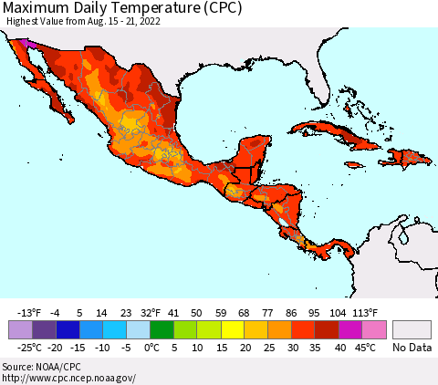 Mexico Central America and the Caribbean Maximum Daily Temperature (CPC) Thematic Map For 8/15/2022 - 8/21/2022
