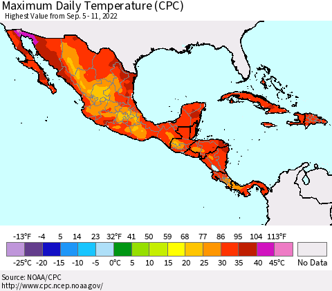 Mexico Central America and the Caribbean Maximum Daily Temperature (CPC) Thematic Map For 9/5/2022 - 9/11/2022