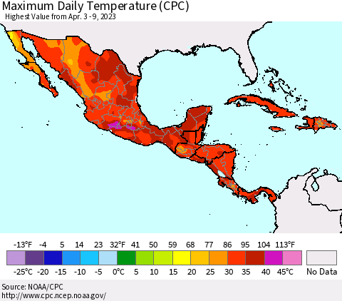Mexico Central America and the Caribbean Maximum Daily Temperature (CPC) Thematic Map For 4/3/2023 - 4/9/2023