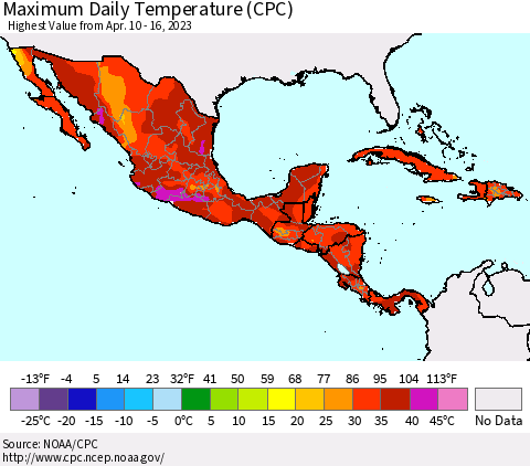 Mexico Central America and the Caribbean Maximum Daily Temperature (CPC) Thematic Map For 4/10/2023 - 4/16/2023