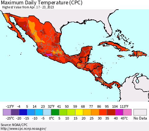 Mexico Central America and the Caribbean Maximum Daily Temperature (CPC) Thematic Map For 4/17/2023 - 4/23/2023