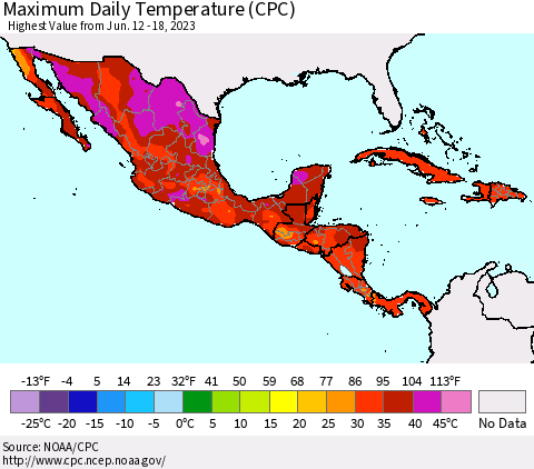 Mexico Central America and the Caribbean Maximum Daily Temperature (CPC) Thematic Map For 6/12/2023 - 6/18/2023