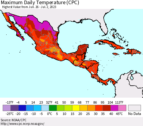 Mexico Central America and the Caribbean Maximum Daily Temperature (CPC) Thematic Map For 6/26/2023 - 7/2/2023