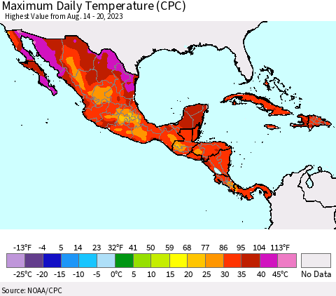 Mexico Central America and the Caribbean Maximum Daily Temperature (CPC) Thematic Map For 8/14/2023 - 8/20/2023