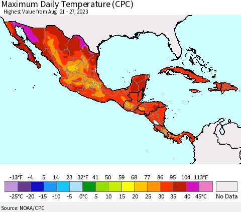 Mexico Central America and the Caribbean Maximum Daily Temperature (CPC) Thematic Map For 8/21/2023 - 8/27/2023