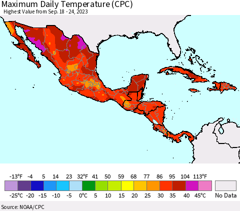Mexico Central America and the Caribbean Maximum Daily Temperature (CPC) Thematic Map For 9/18/2023 - 9/24/2023