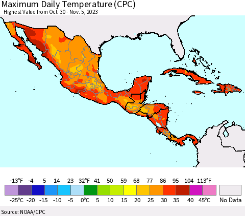 Mexico Central America and the Caribbean Maximum Daily Temperature (CPC) Thematic Map For 10/30/2023 - 11/5/2023