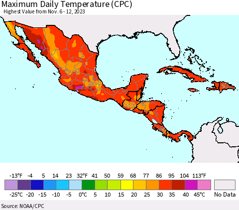 Mexico Central America and the Caribbean Maximum Daily Temperature (CPC) Thematic Map For 11/6/2023 - 11/12/2023