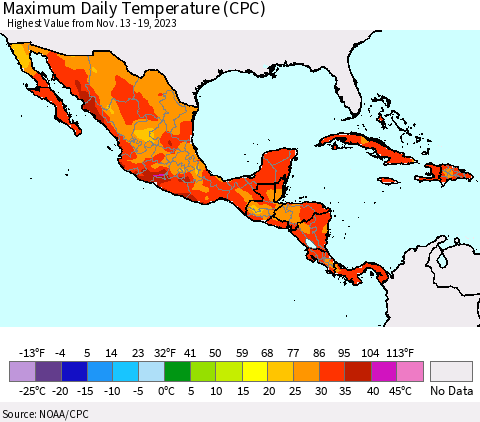 Mexico Central America and the Caribbean Maximum Daily Temperature (CPC) Thematic Map For 11/13/2023 - 11/19/2023