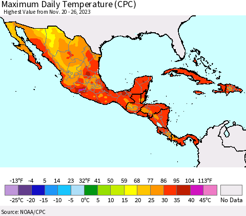 Mexico Central America and the Caribbean Maximum Daily Temperature (CPC) Thematic Map For 11/20/2023 - 11/26/2023