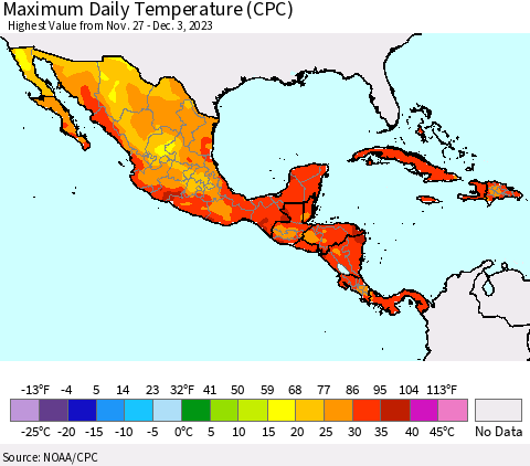 Mexico Central America and the Caribbean Maximum Daily Temperature (CPC) Thematic Map For 11/27/2023 - 12/3/2023