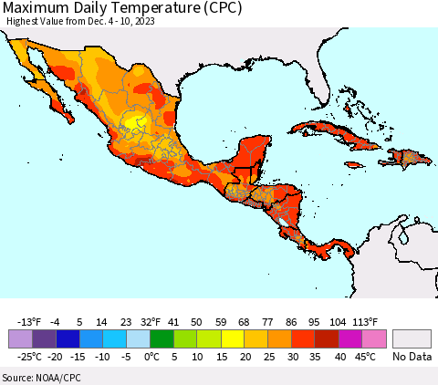 Mexico Central America and the Caribbean Maximum Daily Temperature (CPC) Thematic Map For 12/4/2023 - 12/10/2023