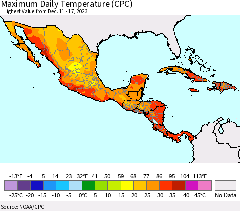 Mexico Central America and the Caribbean Maximum Daily Temperature (CPC) Thematic Map For 12/11/2023 - 12/17/2023