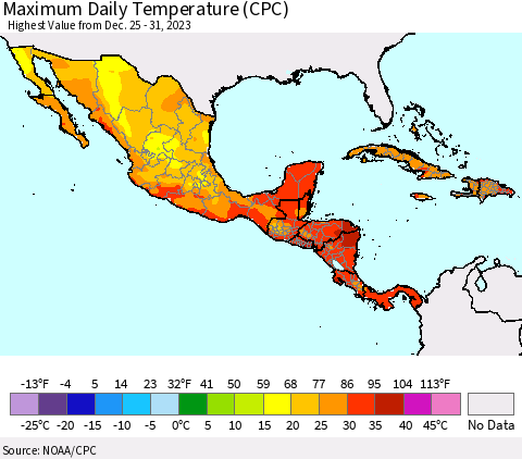Mexico Central America and the Caribbean Maximum Daily Temperature (CPC) Thematic Map For 12/25/2023 - 12/31/2023