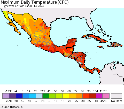 Mexico Central America and the Caribbean Maximum Daily Temperature (CPC) Thematic Map For 1/8/2024 - 1/14/2024
